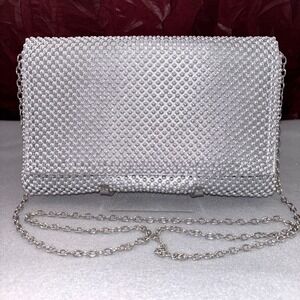 BLUSH Evening Silver Ball Mesh‎ Envelope Flap Clutch Bag Chain Crossbody White